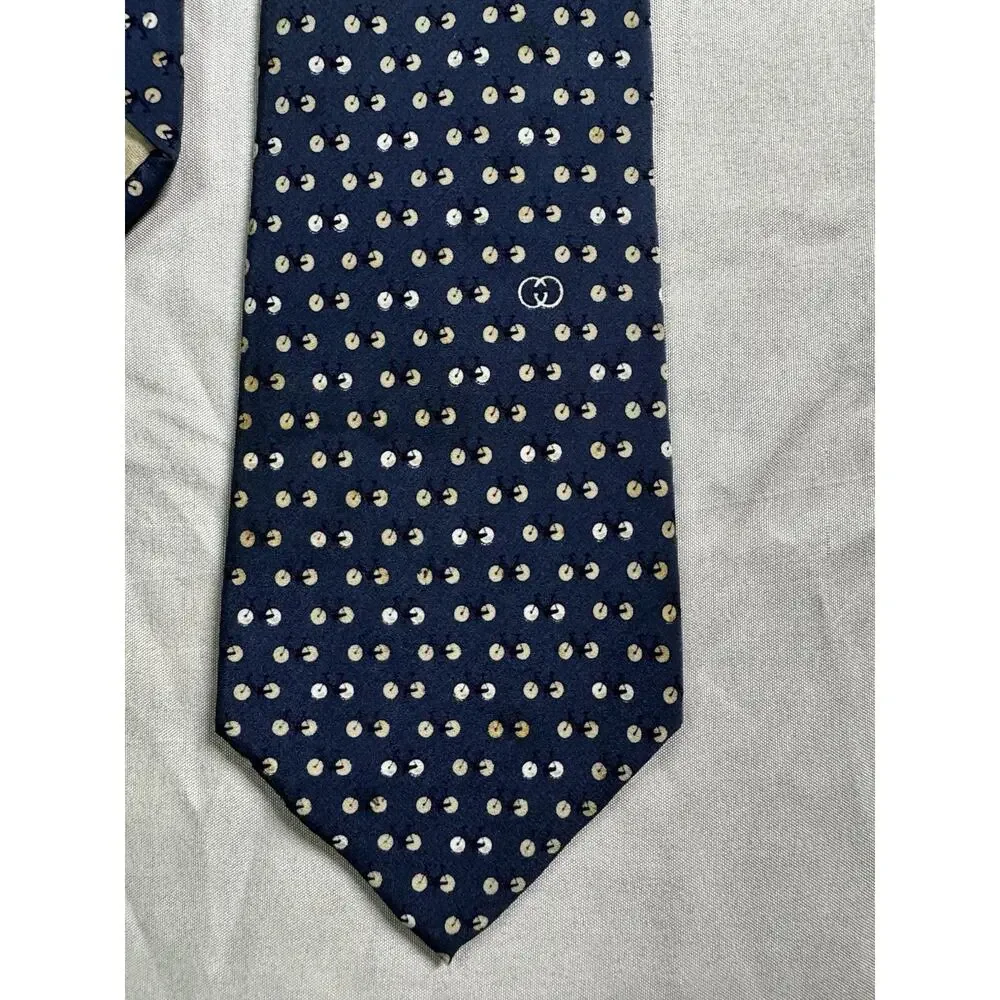 Gucci Tie Vintage Navy Blue With Cream Accents Tiny Bicycle Pattern Silk *damage